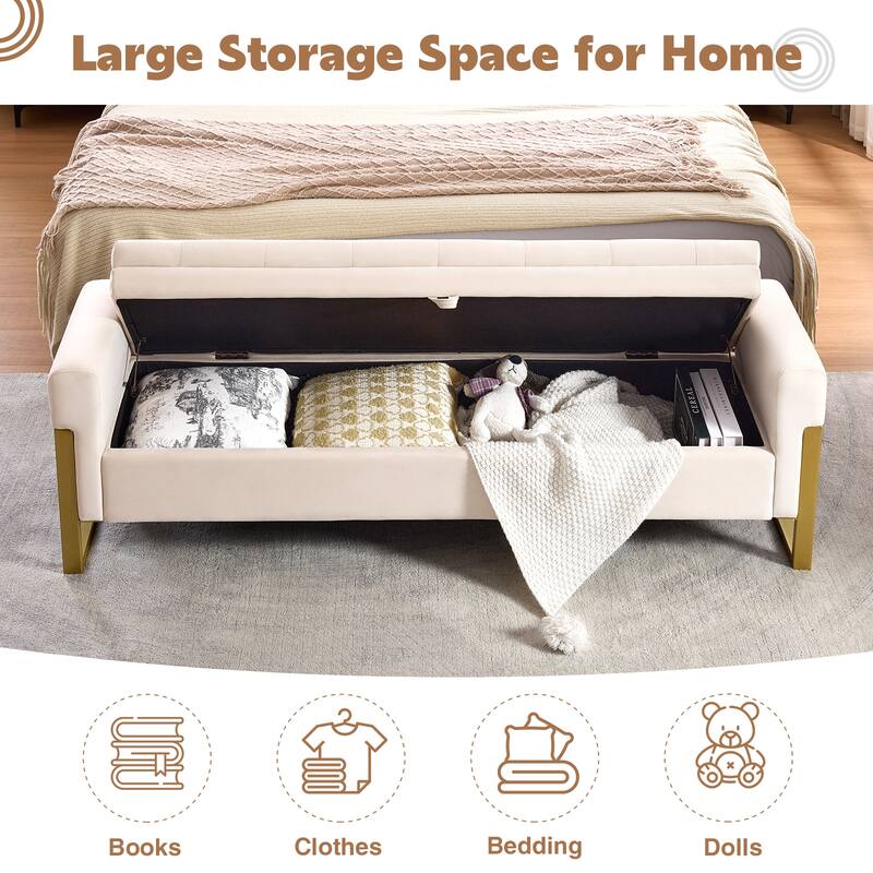 66" Storage Bench for Bedroom End of Bed with Double Lids and Gold Legs