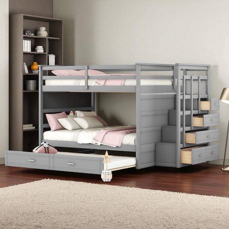 Twin Over Twin Bunk Bed with Trundle and Storage Drawers, Staircase Bunk Frame for Kids and Teens - Grey - Full