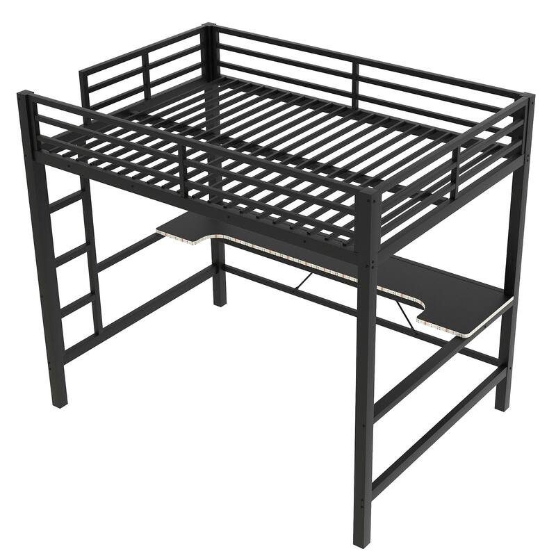 Full Size Gaming Metal Loft Bed Frame with LED Light, USB Charge Station and Desk