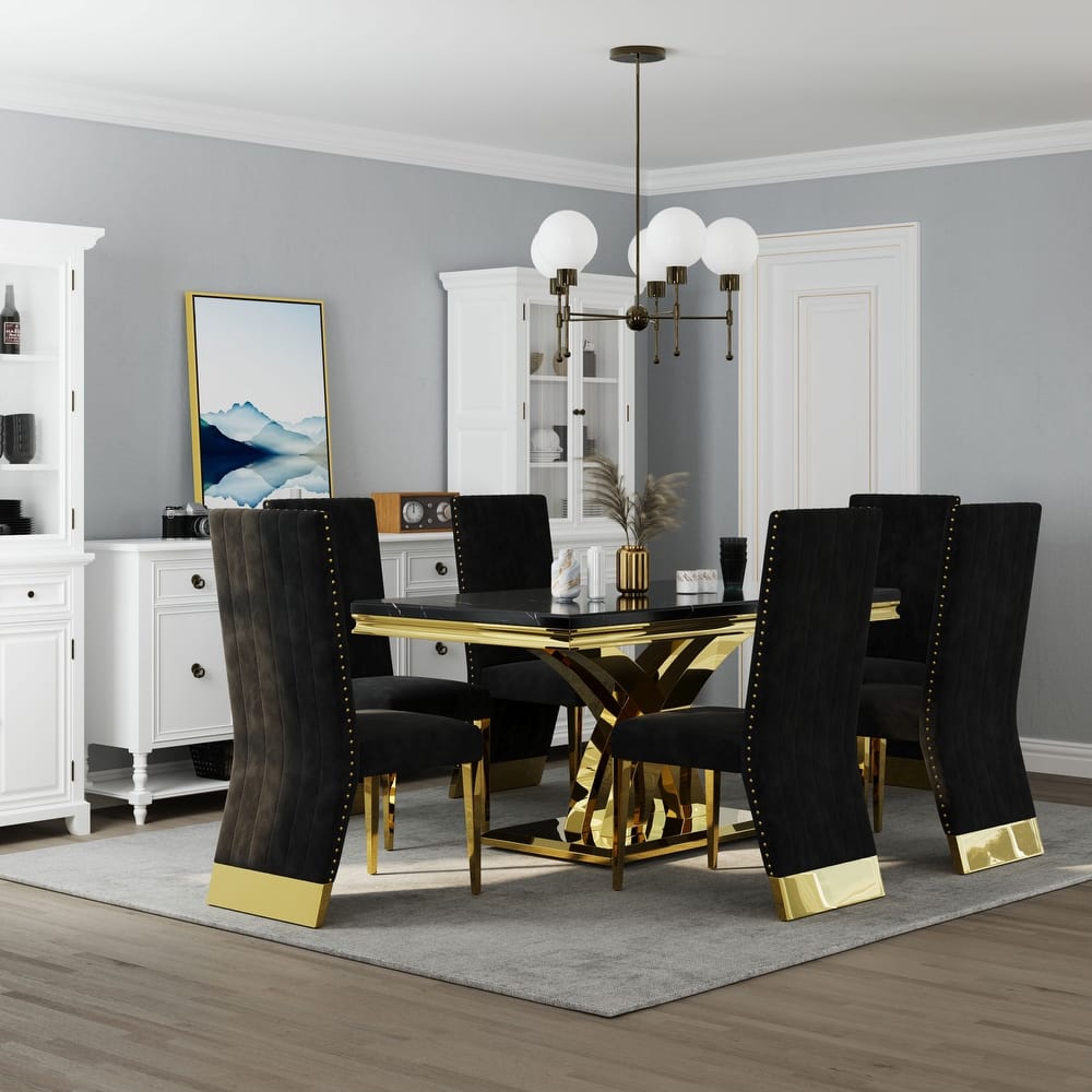 Stylish Modern X Cross Base Dining Room Table Set with Gold Dining Chairs