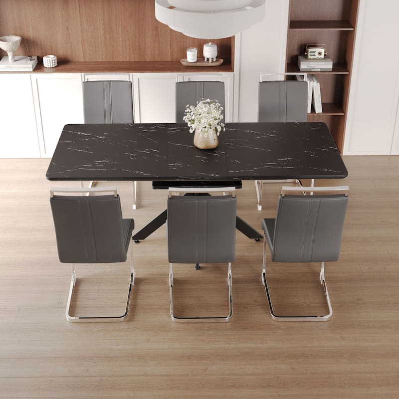 Modern Dining Set with Rectangular Extendable Large Table & C-shaped Tube Soft Padded Armless Chairs