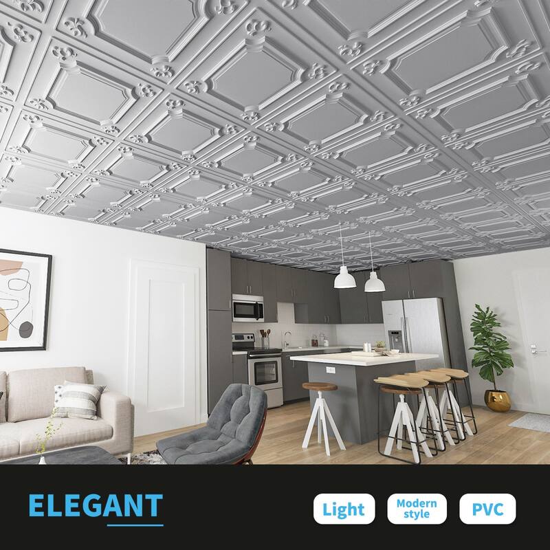 Art3d 2X2ft PVC Drop Ceiling Tiles in Argent Sliver,Glue Up Ceiling Tiles,12pcs