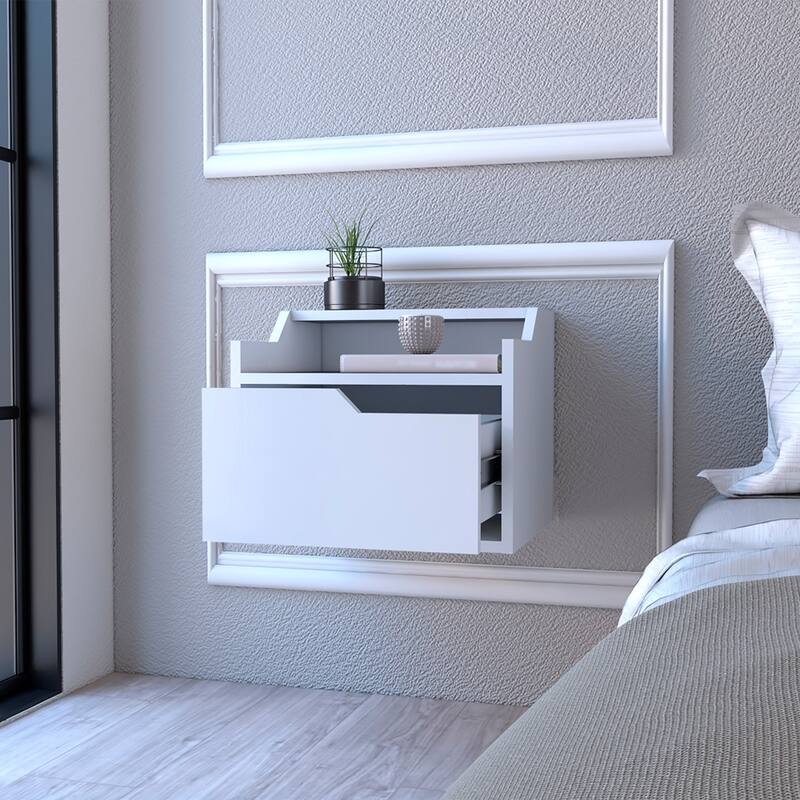 Floating White Nightstand with Spacious Drawer and Dual-Tier Surface
