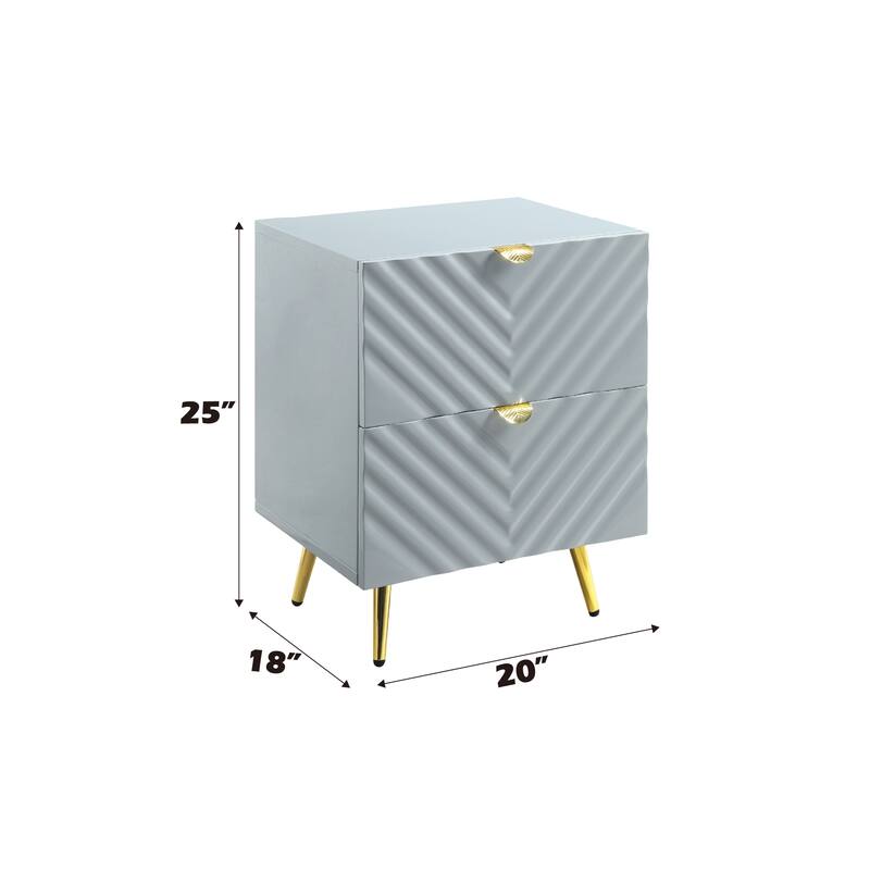 Gray High Gloss Finish Nightstand with 2 Storage Drawers and Metal Legs