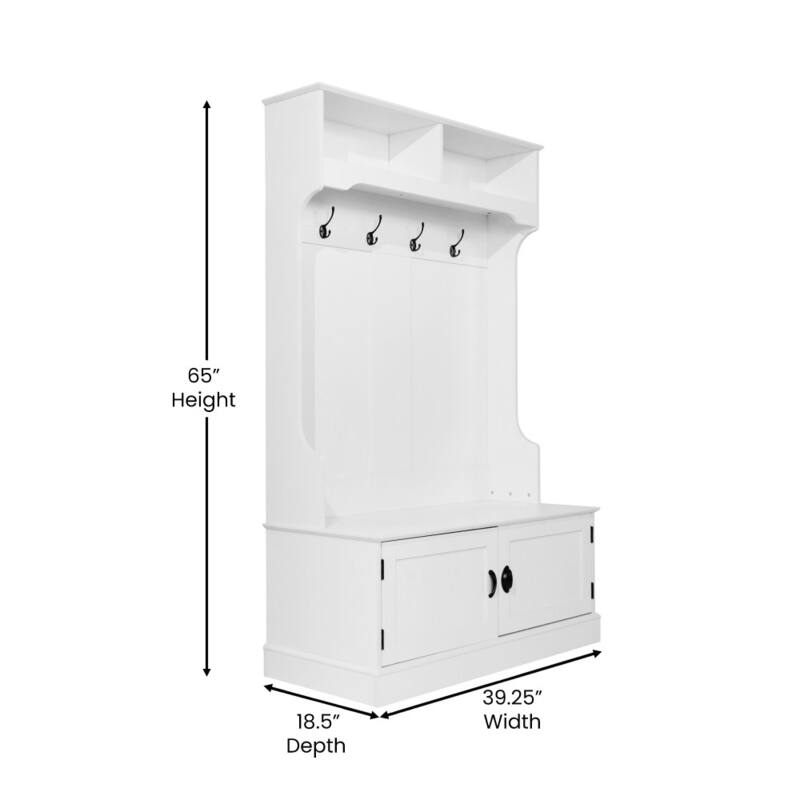 Hall Tree with Storage Bench, Upper Cubbies and 4 Double Coat Hooks - 18.5"D x 39.25"W x 65"H