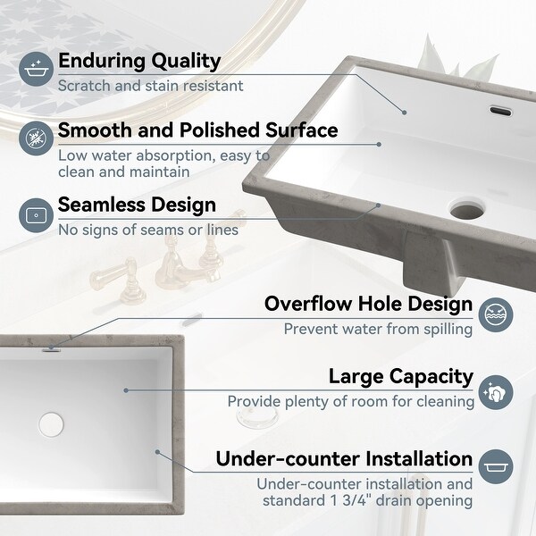 HOROW Rectangular Vitreous China Undermount Bathroom Sink