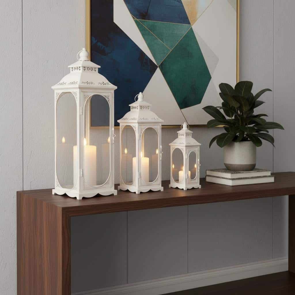 Set of Three Clear And White Glass And Metal Floor Lantern Candle Holders