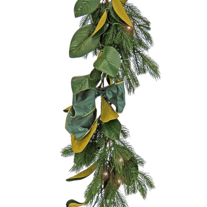 National Tree Company 9 in. Christmas Magnolia Mix Pine Garland with Fabric Bow - 9 ft