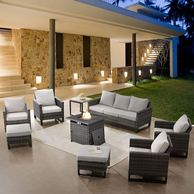 4 Patio Chairs with Sofa and Fire Pit Table - Grey - Beige