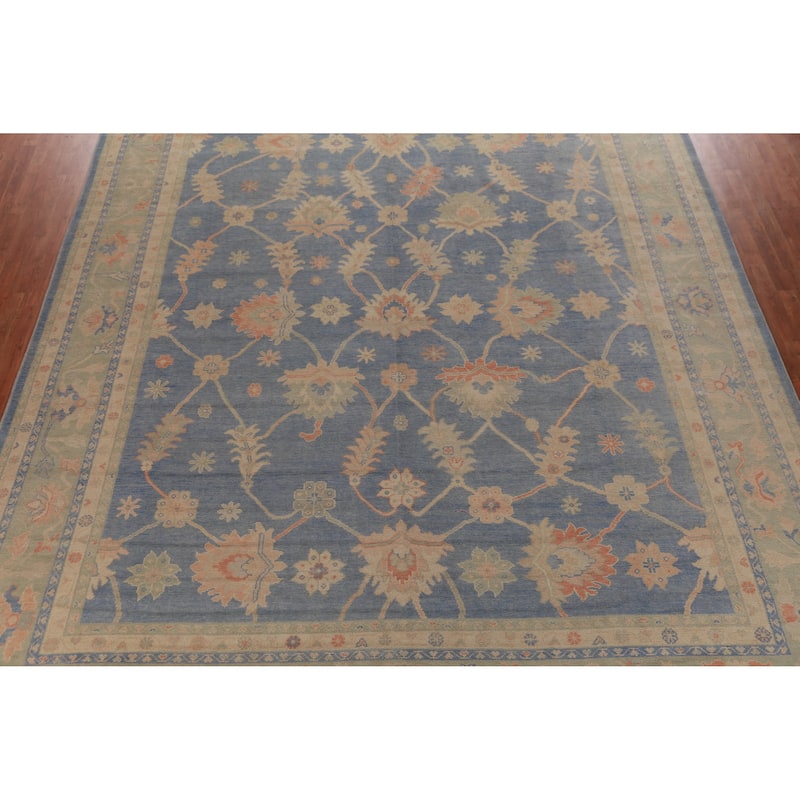 Hand Knotted Oriental 100% Wool Carpet Transitional All-Over Navy Blue & Blues Oushak Area Rug - 14' 11'' X 12' 1''