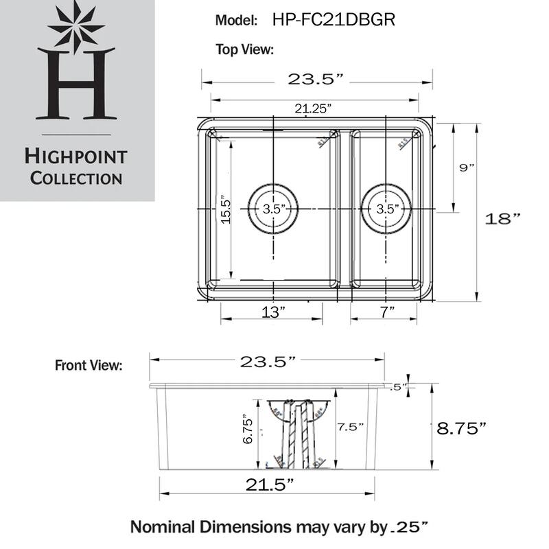 Highpoint Collection Matte Gray 23.5 Inch Double Bowl Fireclay Kitchen Sink