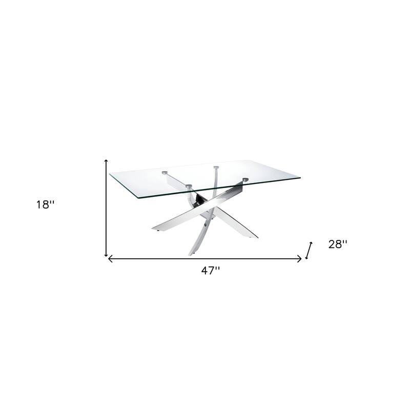 HomeRoots 47" Clear and Silver Glass And Steel Cross Legs Coffee Table