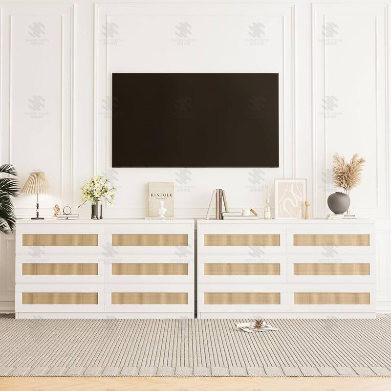 Modern Rattan 6-Drawer Dresser for Bedroom - Slim Wooden Chest of Drawers, Durable Freestanding Storage Organizer