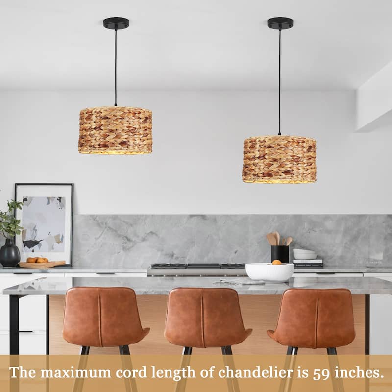 1-Light Hanging Kitchen Pendant Light Island Chandelier Fixture with Rattan Cover for Dining Room