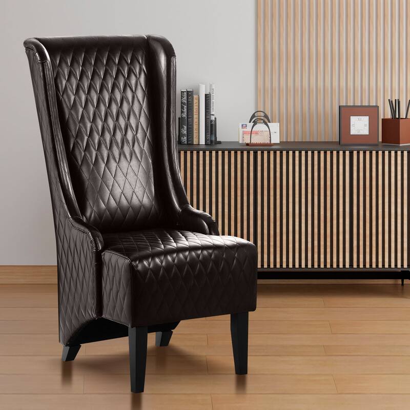 23.03" Wide Faux Leather High-Back Accent Chair, Comfy High Wingback Chair, Living Room Chair with Soft Padded & Wooden Legs - Brown