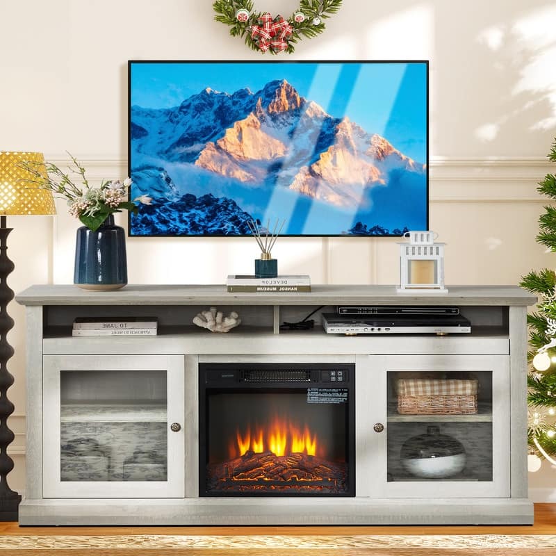 58/60" Contemporary/Classic Fireplace TV Stand for 65" TVs w/ 18" Insert Open/Glass-Door Storage Stone Gray/Driftwood