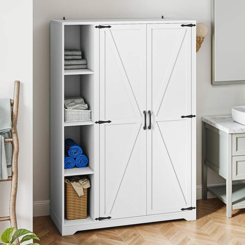 Moasis Farmhouse Style Wooden Barn Door Cleaning Tool Cabinet with Storage Rack and Sleek Hanging Rods - White