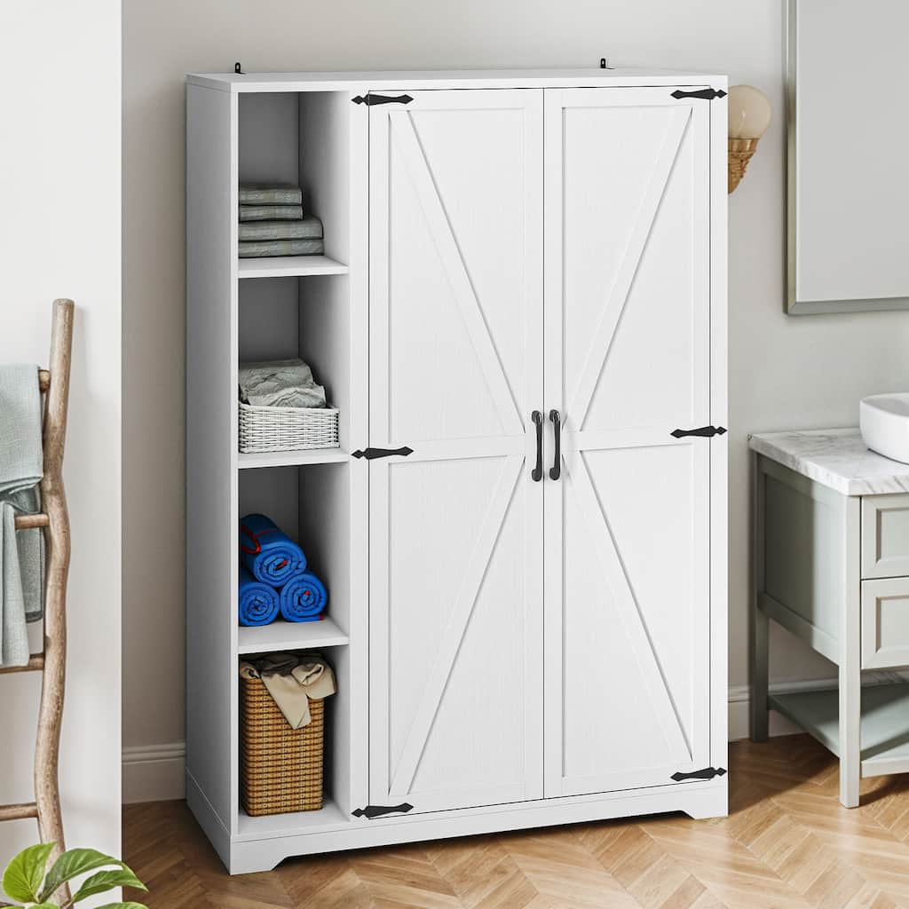 Moasis Farmhouse Style Wooden Barn Door Cleaning Tool Cabinet with Storage Rack and Sleek Hanging Rods