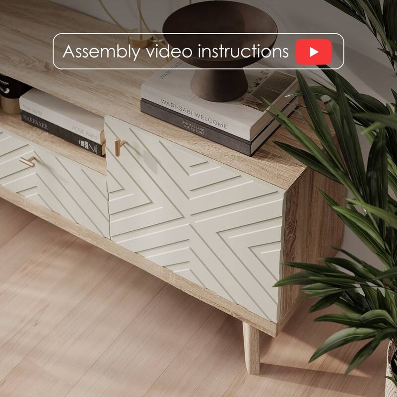 Living Skog Alba Beige TV Stand Console with Drawer Fits TV's up to 65 in. with Wood Legs Mid Century Modern Design