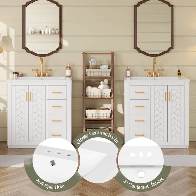 Roomfitters 60" Double Sink Bathroom Vanity with Ceramic Top, Solid Wood Storage Cabinet with Drawers and Soft Close Doors