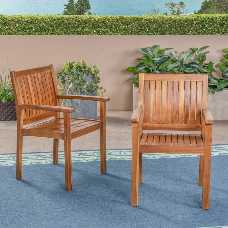 Roomfitters Wilson Set of 2 Outdoor Dining Chairs, Rustic Solid Acacia Wood with Slat Paneling, Teak