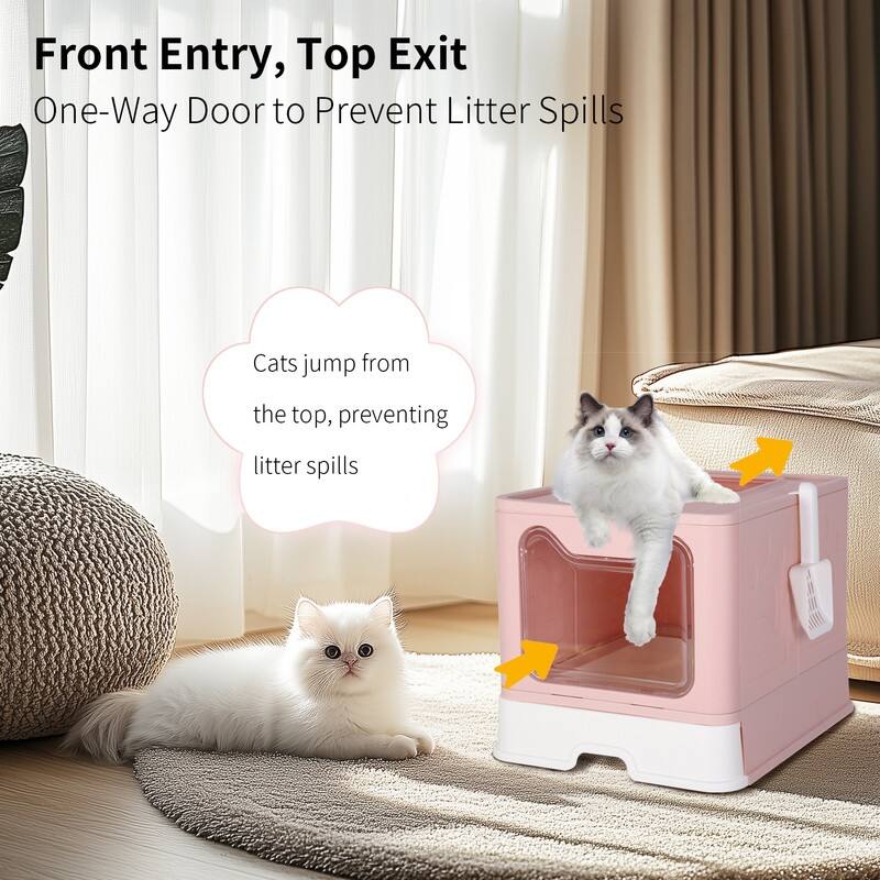 Cat Litter Box with X-Large Litter Mat and Scoop, Large Foldable Litter Box with Lid, Enclosed Kitty Box,Front Top Entry Exit