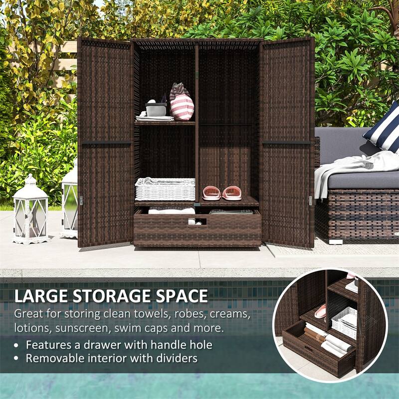 Mixed Brown PE Rattan Outdoor Storage Cabinet with Drawer and Doors - 31.5" L x 23.6" W x 47.2" H