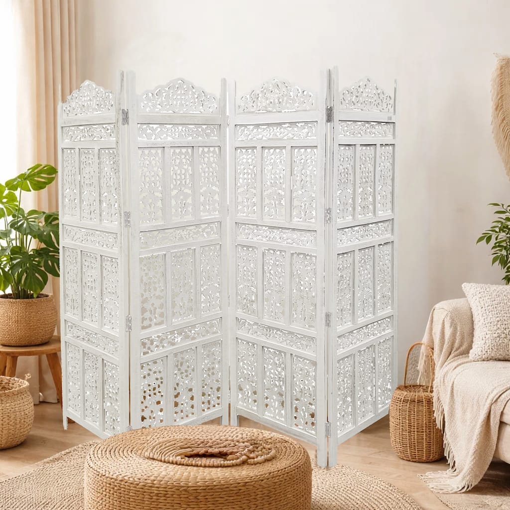Aesthetically Carved 4 Panel Wooden Partition Screen/Room Divider, Distressed White