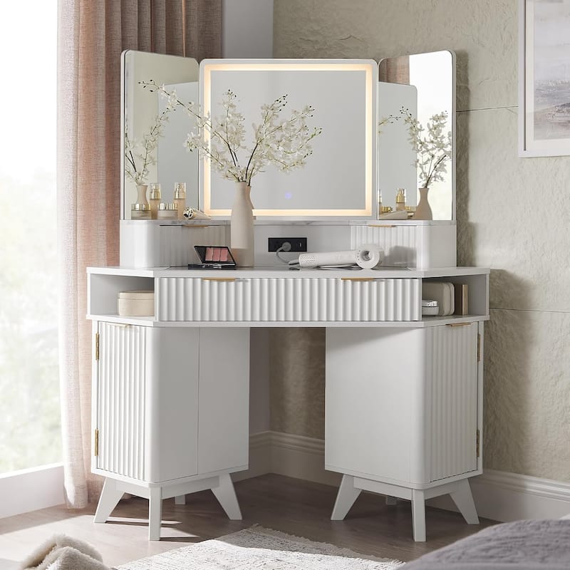 Modern Fluted Makeup Vanity Desk with 3 Way Mirror&Light, Vanity Table - Solid White