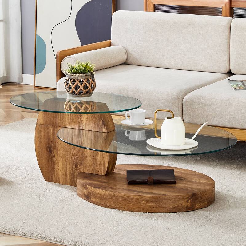 Modern Round Glass Coffee Table w/ Wood Base, 3 Tier Round Coffee Table, Clear Cocktail Table w/ Storage for Home Office