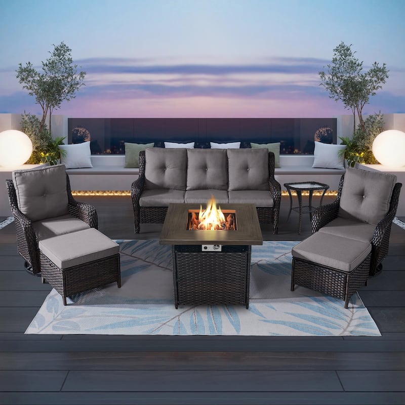 Pocassy 7PCS Outdoor Sofa Swivel Chairs with Fire Pit Table - Brown - Grey