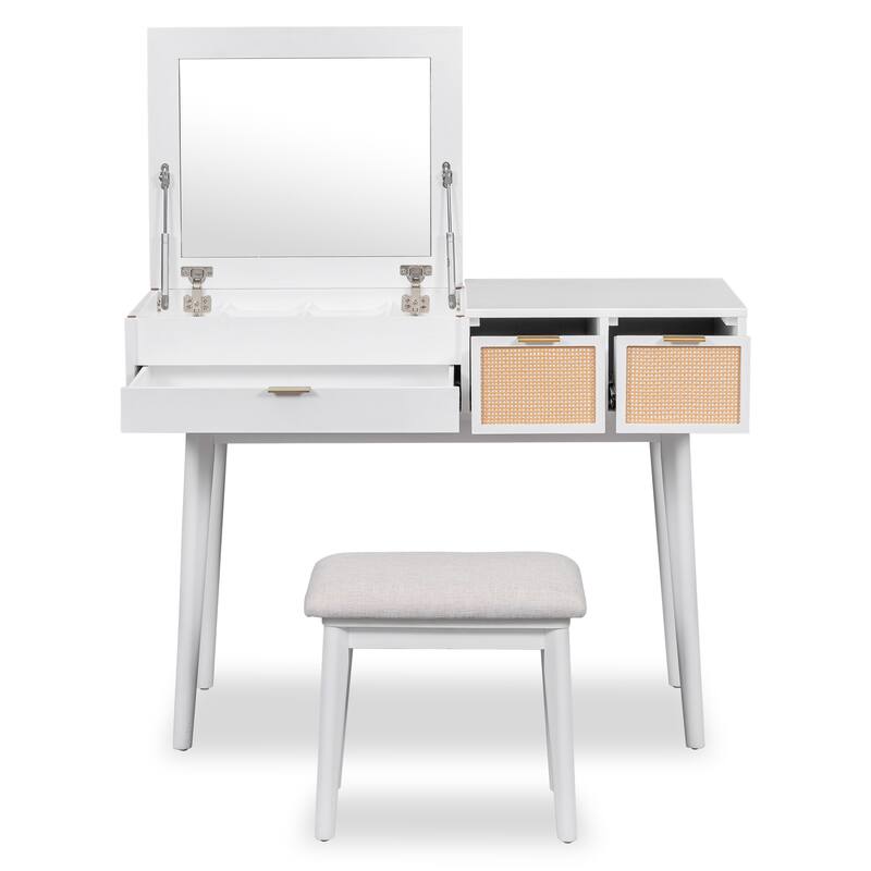 Wooden Makeup Vanity Set with Flip-top Square Mirror, Dressing Table and PU-upholstered Stool Set for Bedroom, White