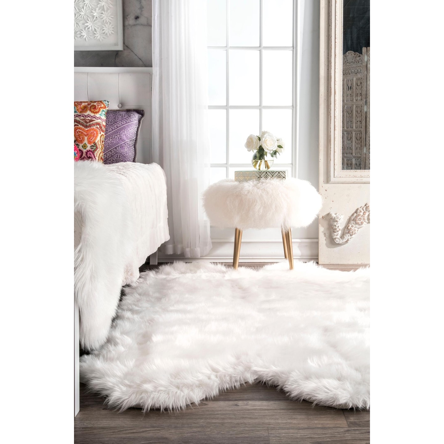 5' x 6' warm white rectangle rug faux fur rug flokati sheepskin rug bedroom 