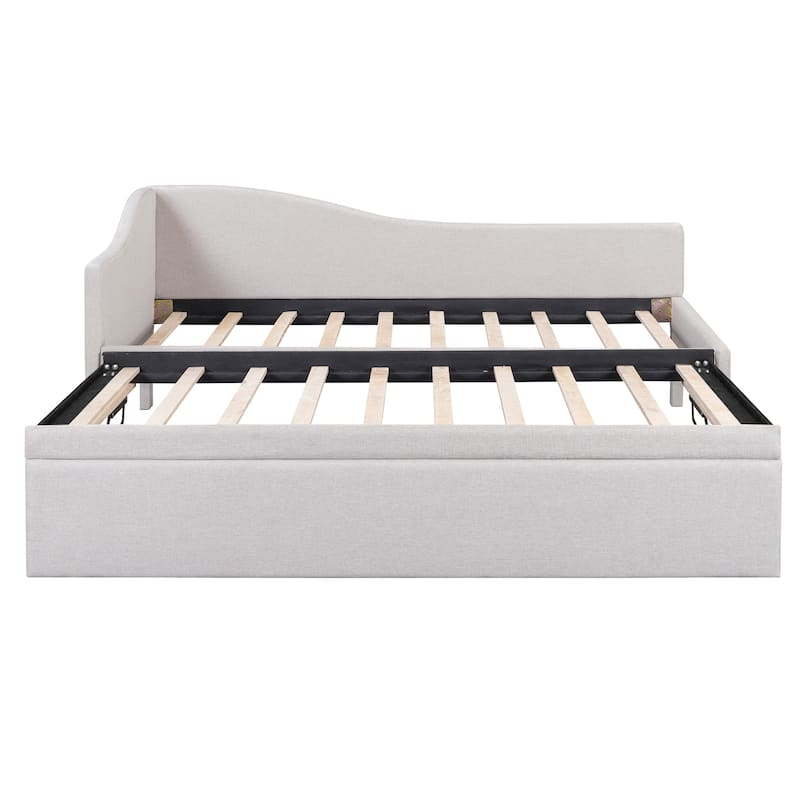 L-Shaped Daybed Twin To King Upholstered Daybed with Pop Up Trundle Linen & Wood Bed Frame for for Youth Teens or Adults