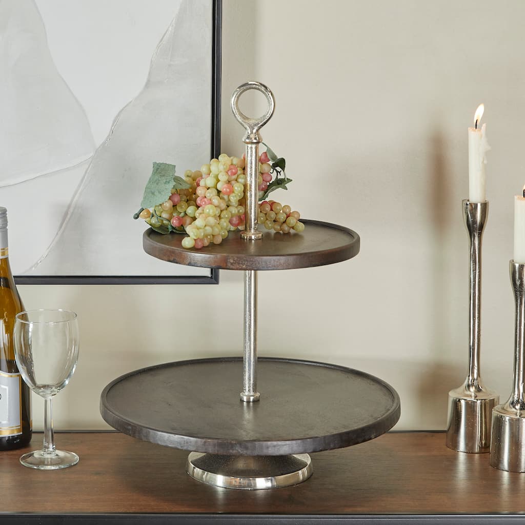 Dark Brown Mango Wood Tiered Server with Aluminum Bases or Gold Stand - 2 Tier or 3 Tier