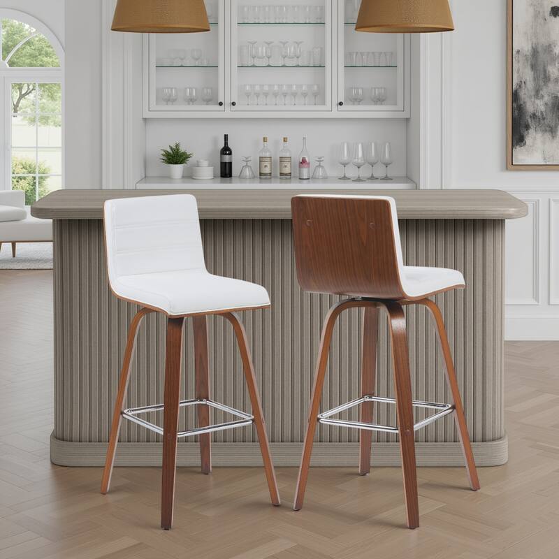 Skara Swivel Bar Stool, Upholstered Bar Height Chair with Bentwood Frame - White Faux Leather & Walnut - Set of 2