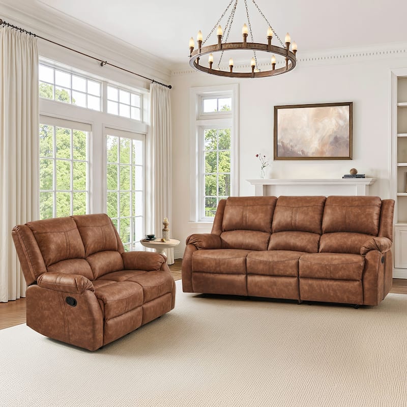 Modern Manual Recliner Chair, 2-Piece Faux Leather Reclining Sofa Set For Living Room, Black / Saddle Brown / Brown Double Color - light brown