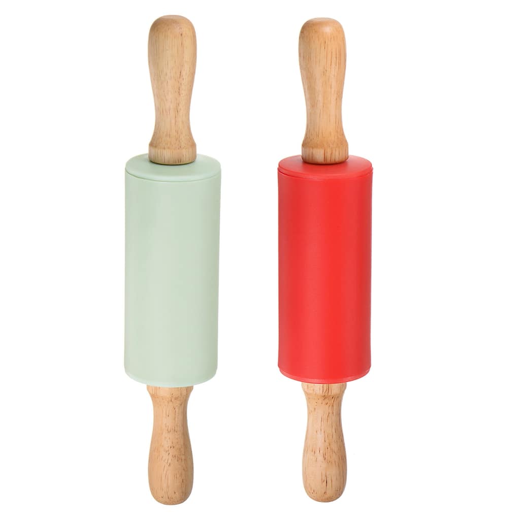 Silicone Rolling Pins for Baking Wood Handle 23.5cm x 4.2cm Light Green & Red - Light Green & Red