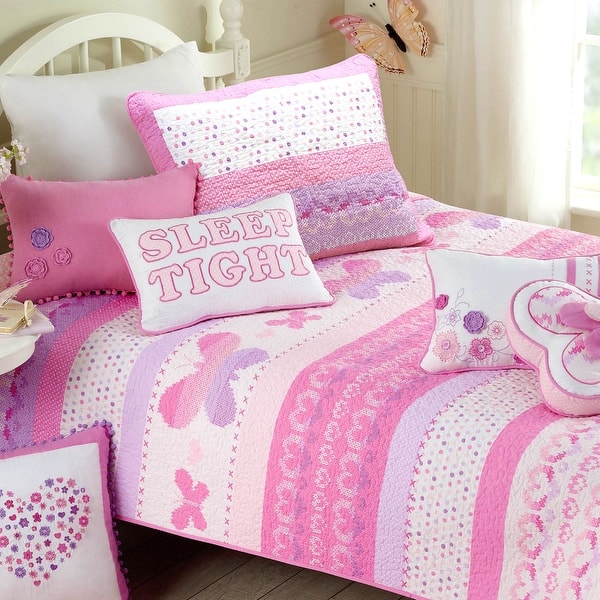 slide 2 of 10, Cami Butterfly Cotton Pink Floral Quilt Bedding Set With Decorative Throw Pillows Queen