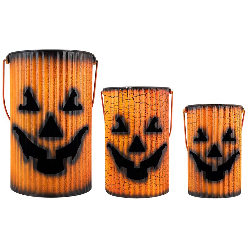 3 Piece Black Orange Metal Pumpkin Lantern Set Halloween Decoration