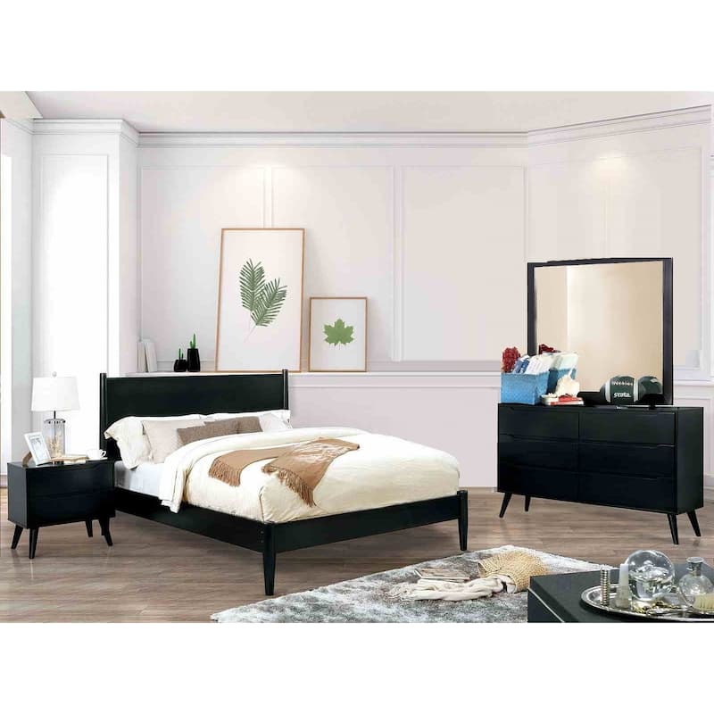 Mid Century Modern Black Finish 4pc Bedroom Set Bed Dresser Mirror Nightstand