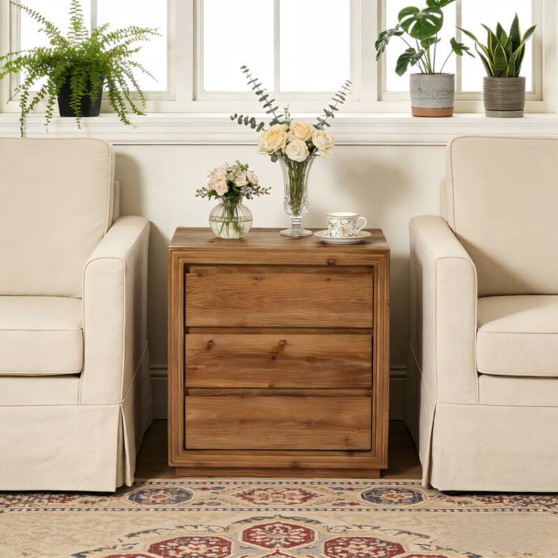 23.62" Solid Wood End Table with 3 Drawers -  Rectangular Side Table for Living Room|Brown - 1 Pack