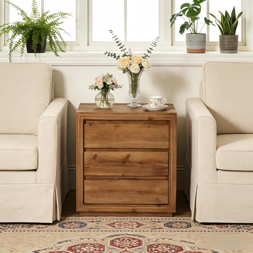 23.62" Solid Wood End Table with 3 Drawers