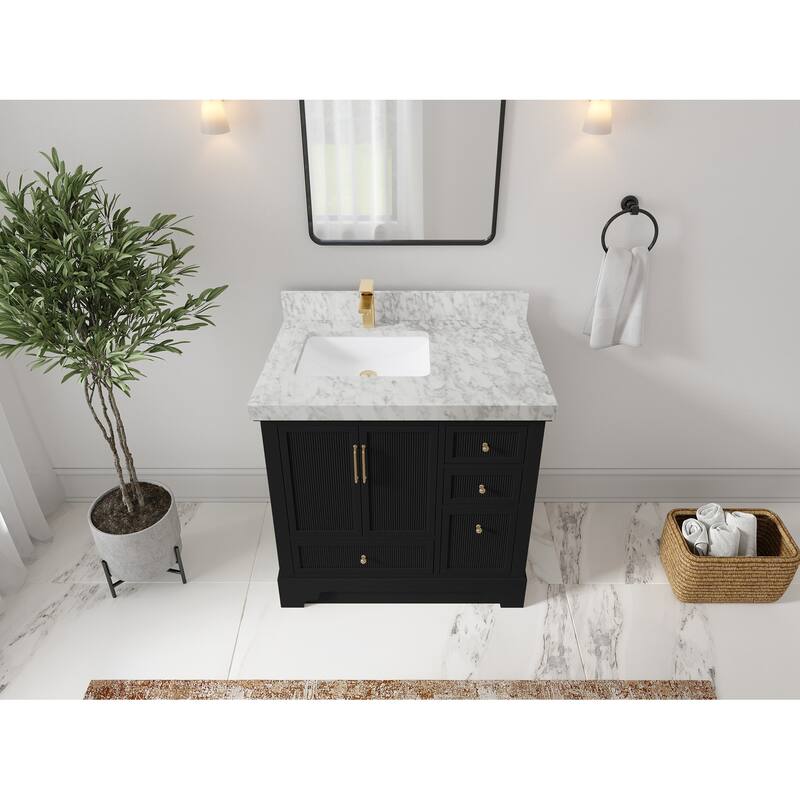 Willow Collections 36 in. W x 22 in. D Alys Left Offset Sink Bathroom Vanity with Countertop - 2"Carrara Marble - Black