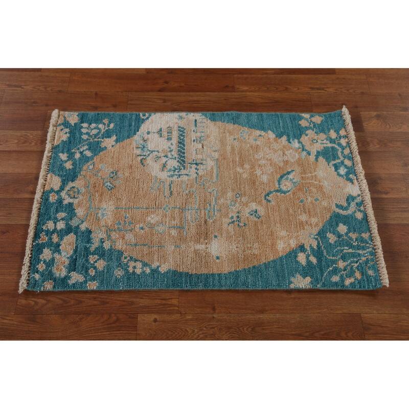 Hand Knotted Oriental 100% Wool Carpet Transitional Animal Pictorial Peach Oushak Area Rug - 2' 11'' X 1' 11''