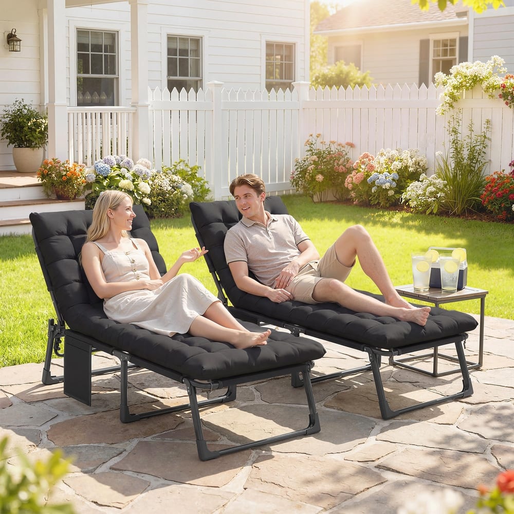 Outsunny Chaise Lounge Chair Outdoor Set of 2, 5-Position Reclining Pool Lounge Chairs with Cushions, Side Pocket