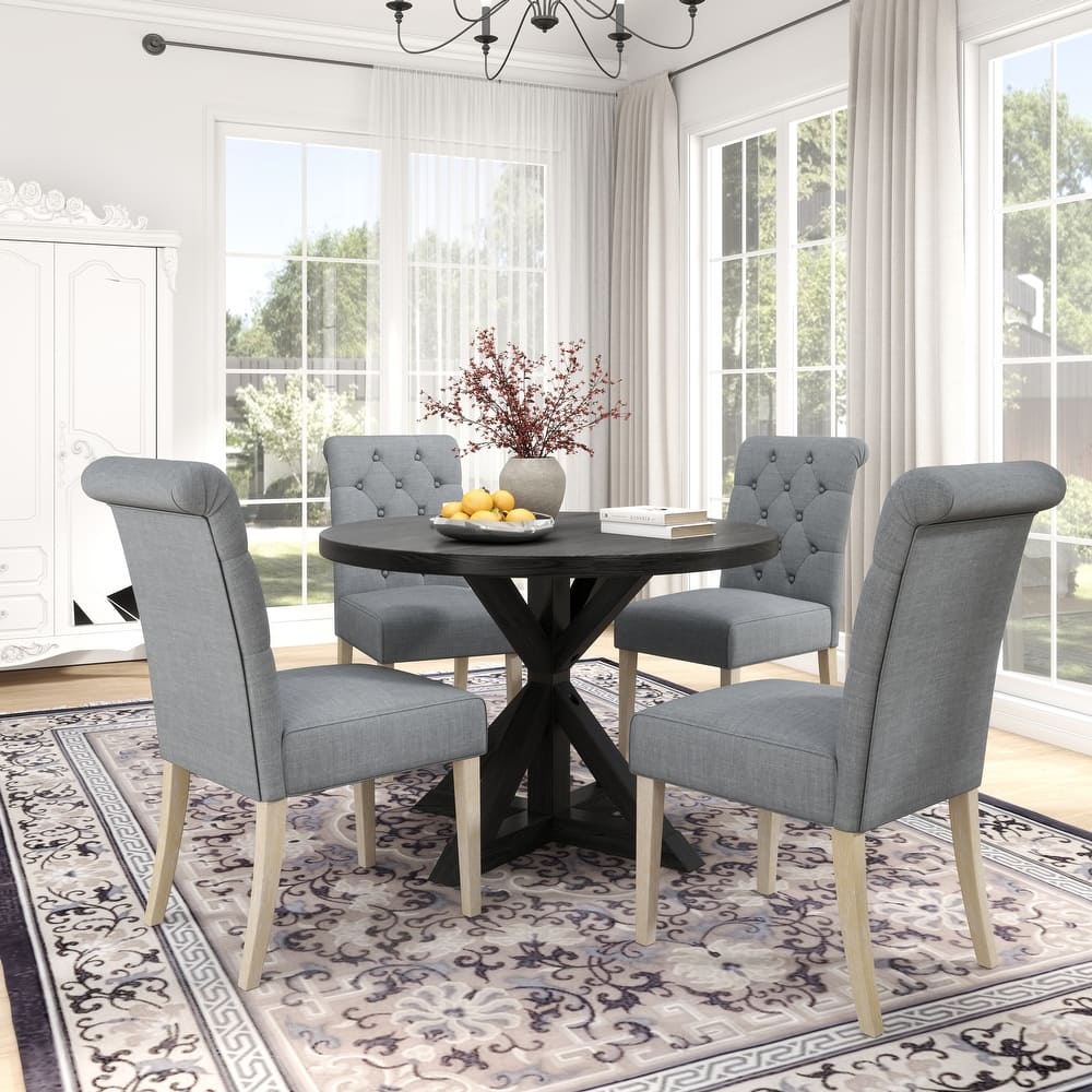 5 Piece Dining Table Set, Wooden Kitchen Furniture Set, Round Table with Cross-Buck Pedestal Base and 4 Tufted Chairs