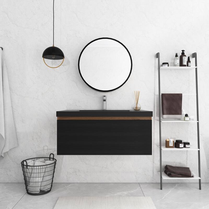 Floating Bathroom Vanity in Natural Oak with Integrated Resin Top