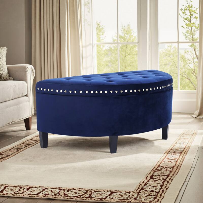 Adeco Half Moon Tufted Storage Ottoman Bench - Navy Velvet