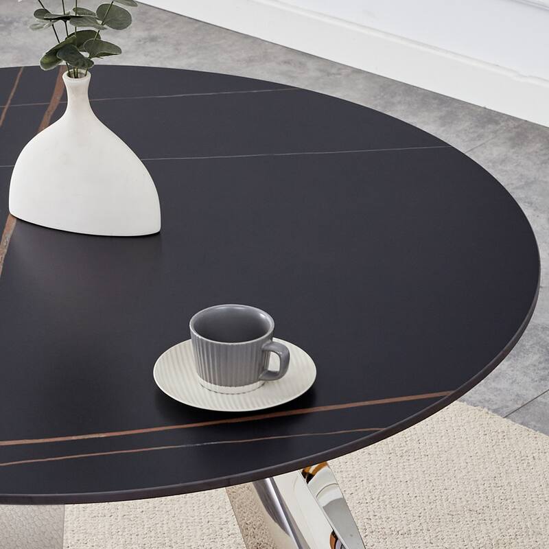 Sintered Stone Dining Table and Chair Set Mirror-polished Stainless Steel Base 4 White PU Chairs Round Dining Table